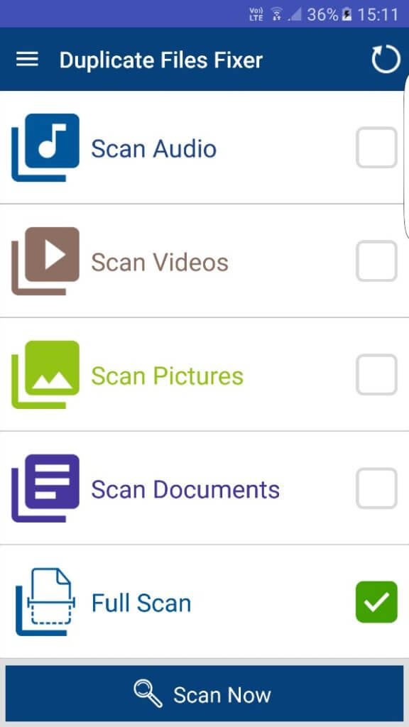 select scan type in duplicate files fixer