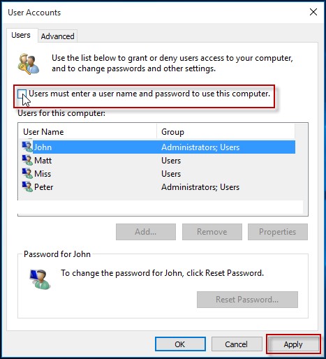 User account option in Windows 10
