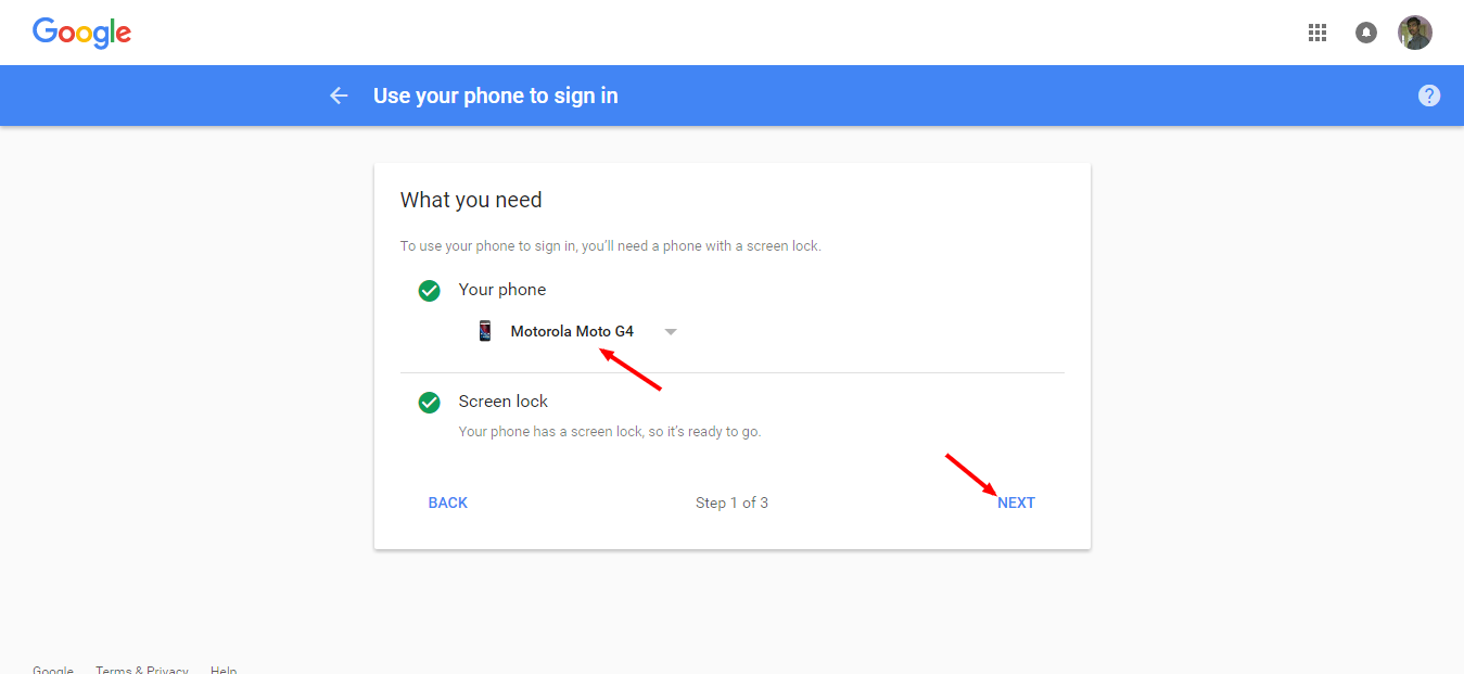 Selecting device from list in google sign in with phone