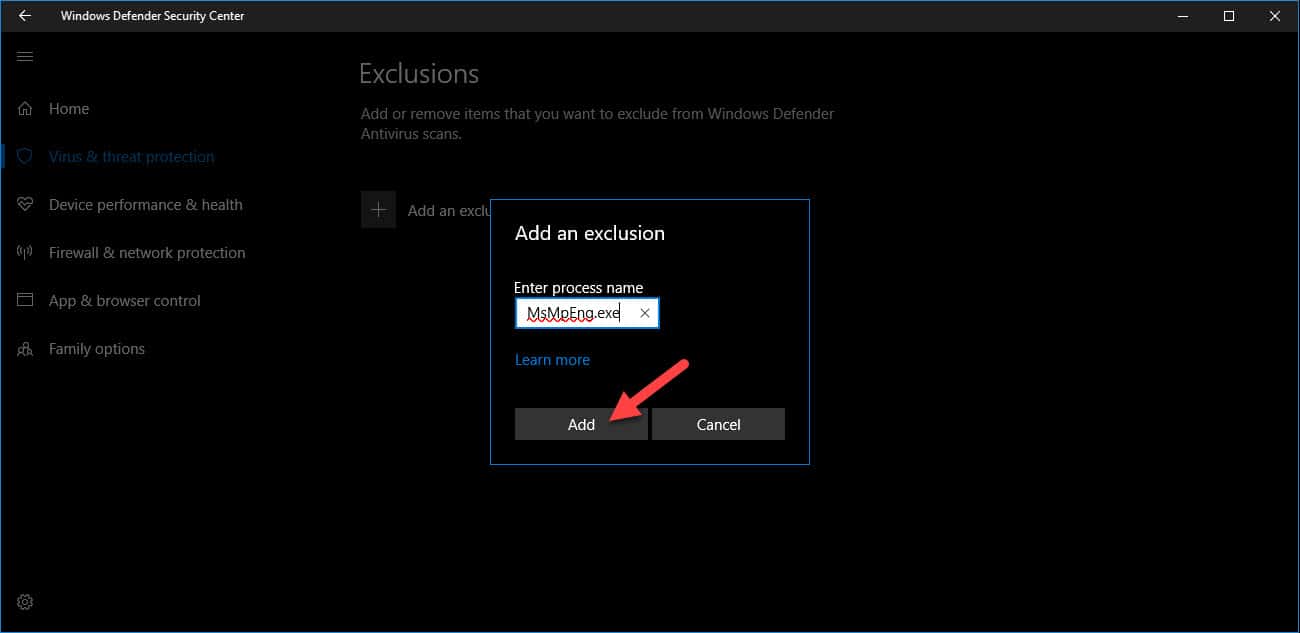 add MsMpEng.exe to process exclusion windows defender