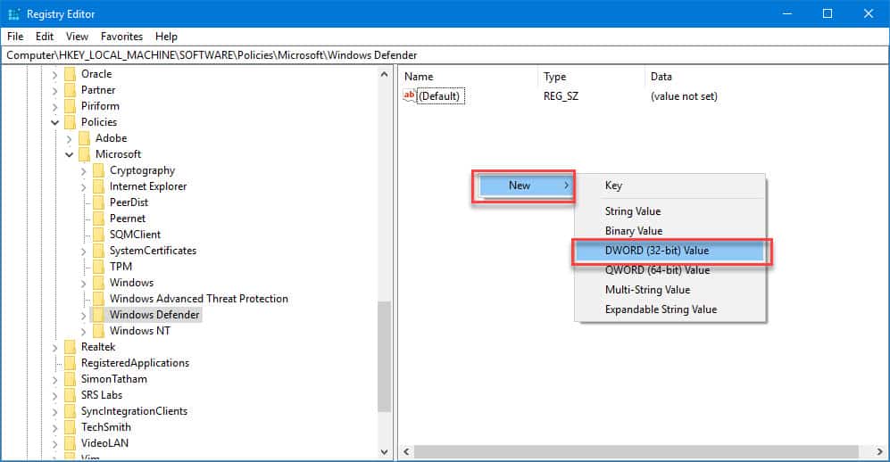 add new DWORD value in registry editor