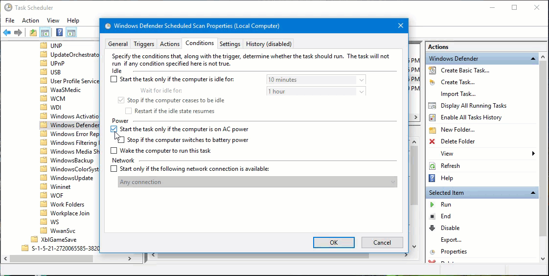 disable conitions in windows scheduled scan