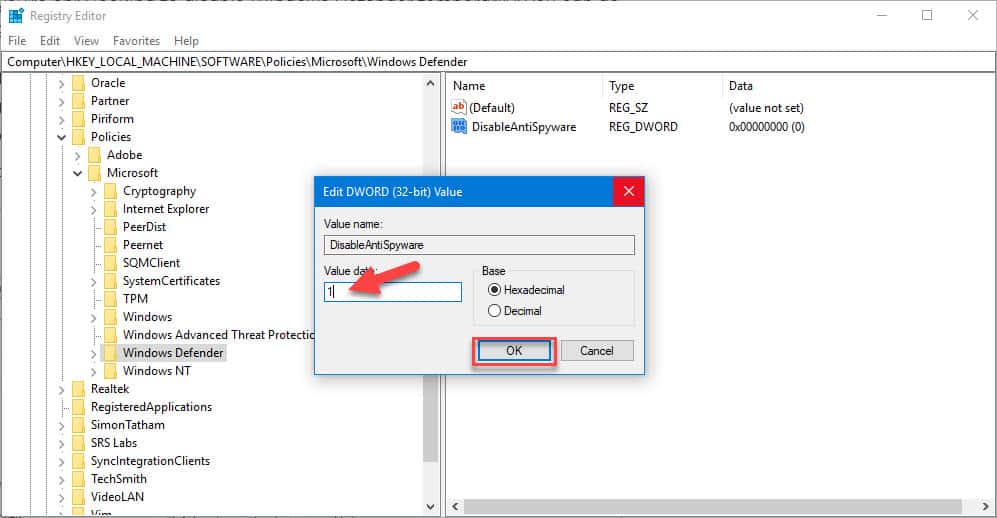 disable windows defender registry editor