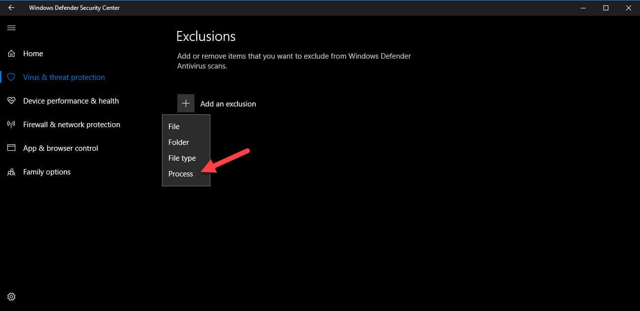 exclude process in windows defender