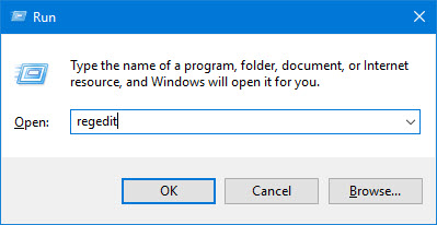 regedit in Windows 10 run tool