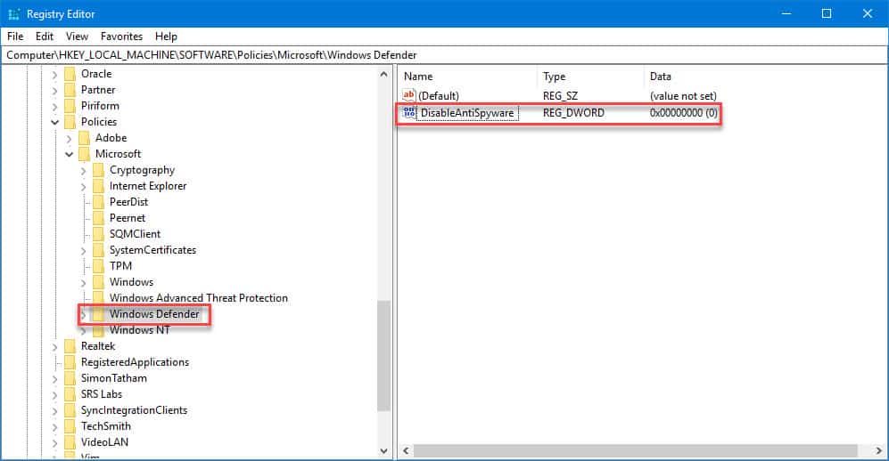 registry variable to disable windows defender