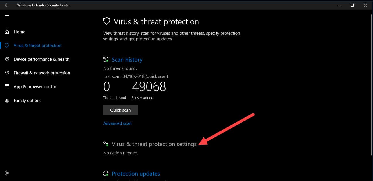 virus and threat protection settings