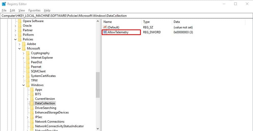 allow telemtry in data collection registry editor