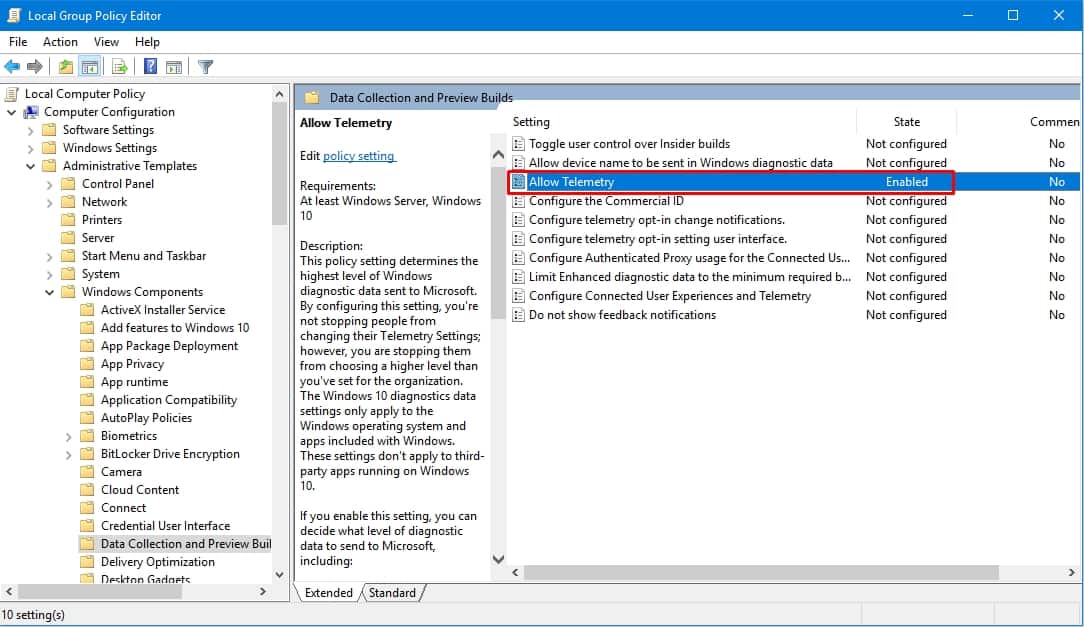 allow telemtry in enabled in group editor windiows 10