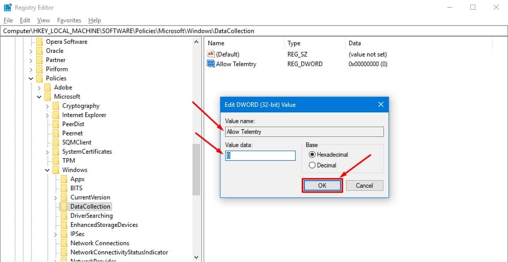 changing allow telemetry value