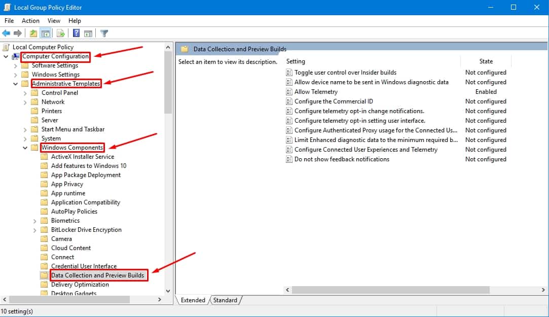 data collection and preview builds in group policy editor