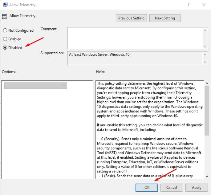 disable allow telemetry from local group editor