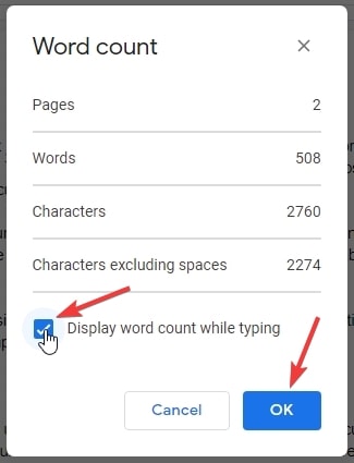 Show word count option in google docs