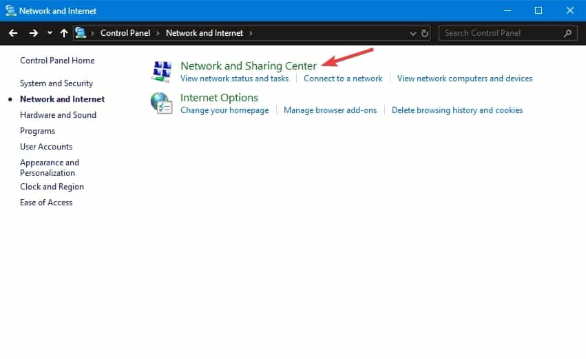 Contrl panel network and sharing options