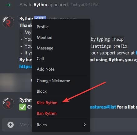 Kick discord bot from server from channel page