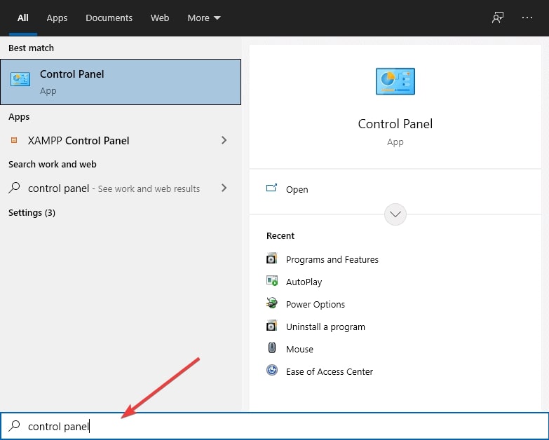 Opening control panel in windows 10