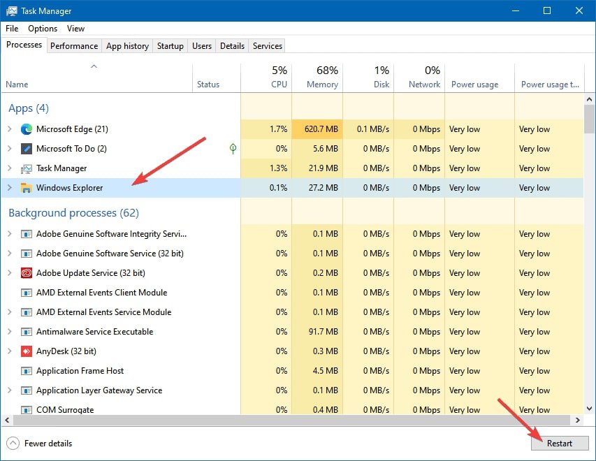 Restart windows explorer windows 10