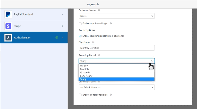 One time and recurring payments in authorize.net addon